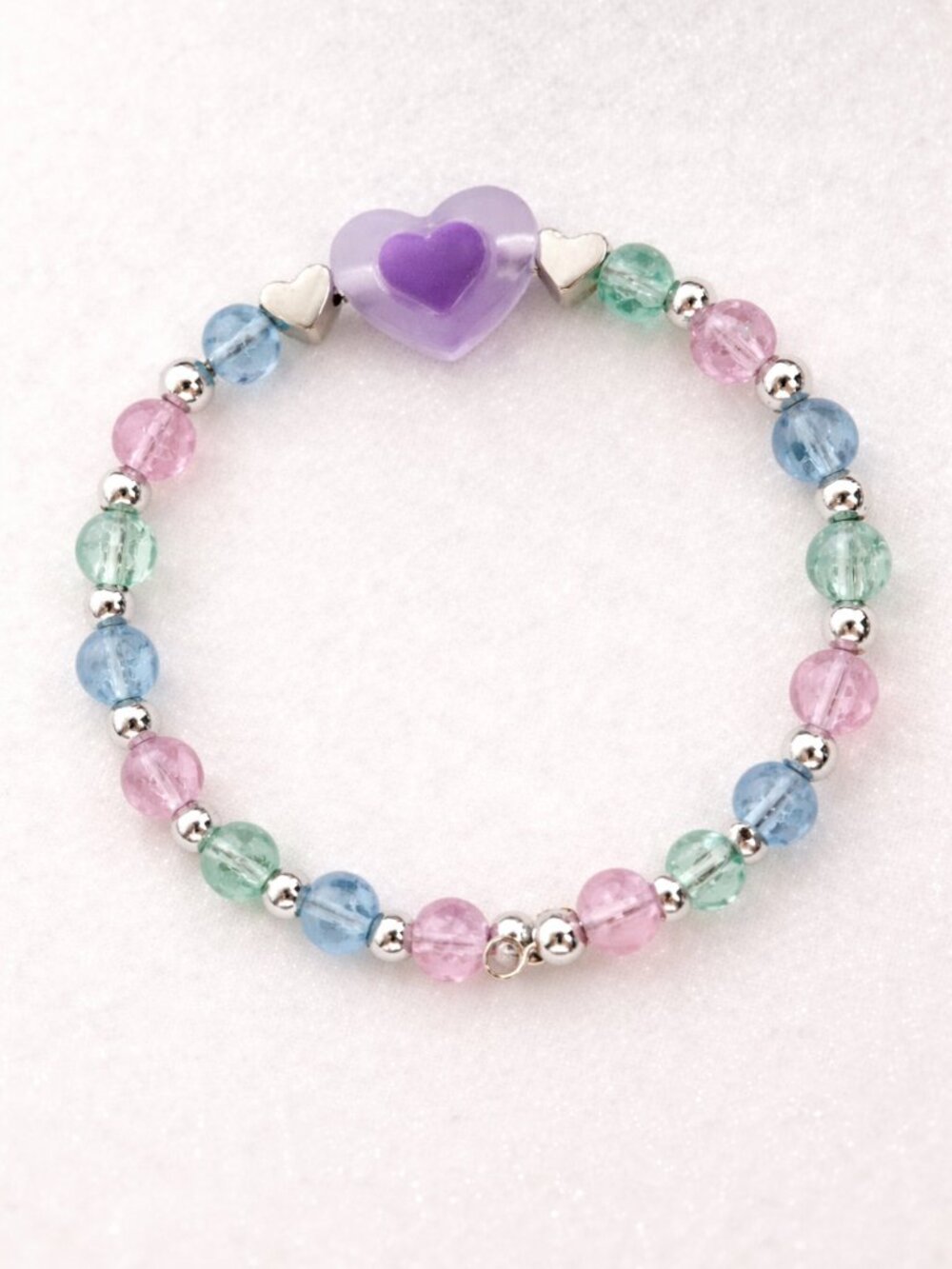 Handmade Pastel Beaded Memory Wire Bracelet w/ Purple Heart Charm